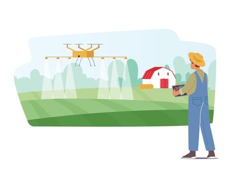 Smart Farm With Drone Control Concept. Farmer Character Fertilizing Field With Quadcopter, Innovative Farming Automation vector
