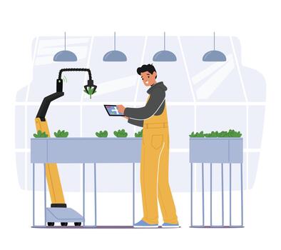 Farmer Character Planting Seedlings Using Automated Robotics Technologies And Smart Iot Control For Greenhouse And Farm vector