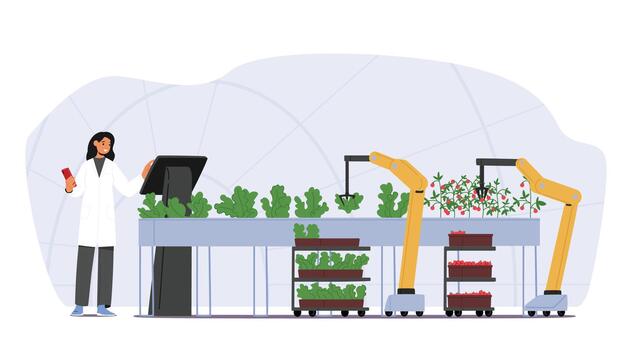 Farmer Character Harvesting Crop Using Automated Robotics Technologies And Smart Iot Control For Greenhouse And Farm vector