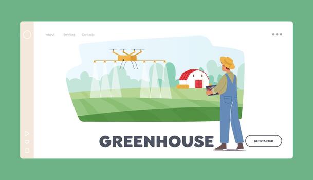 Greenhouse Landing Page Template. Smart Farm With Drone Control. Farmer Character Fertilizing Field with Quadcopter vector
