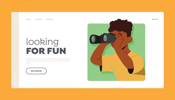 Looking for Fun Landing Page Template. Little Boy Look in Binoculars, Kid Peeking Out Of Green Square Frame vector