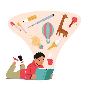 Little Boy Reading Books Lying on Floor, Kid Character Studying, School Child Learning Classes or Enjoying Reading vector