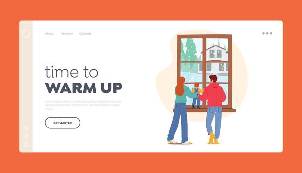 Family Enjoying First Snow Landing Page Template. Couple with Little Child Characters Stand at Window Look on Snowflakes vector