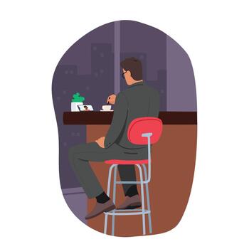 Online Date, Male Character Sitting in Bar Chatting via Smartphone Application and Sending Messages to Woman vector