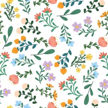 Seamless Pattern with Flowers, Repeated Ornament with Cute Simple Flat Blossoms on White Backdrop. Tile Botanical Design vector