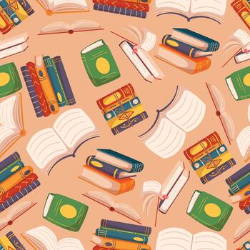 Bestsellers Books Textbooks Pile Or Stack Seamless Pattern. Background With Closed And Open Dictionaries vector