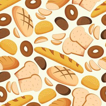 Seamless Pattern With Different Bread And Wheat Bakery Products. Baguette, Loaf, Toast Bun Or Donut Pastry Background vector
