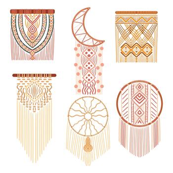 Set Macrame Decorative Items of Rope Or Twine. Knotting Cords In Specific Pattern and Cohesive Design, Bohemian vector