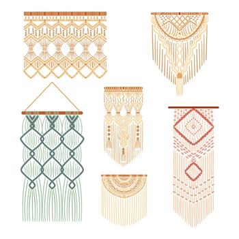 Set Of Macrame Decorative Knotting Technique, Intricate Textured Patterns In Rope Or Twine Made Of Natural Fibers vector