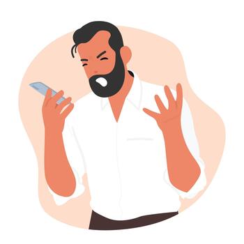 Angry Male Character With Furrowed Eyebrows And Scowl Face Shouting And Speaking With A Loud Sharp Tone By Mobile Phone vector