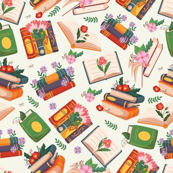 Seamless Pattern With Books And Flowers, Background With Romance Bestsellers Textbooks, Closed And Open Dictionaries vector