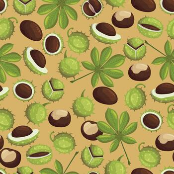Seamless Pattern With Chestnut Fruits, Green Leaves, Whole And Broken Nuts Tiled Repeated Background vector