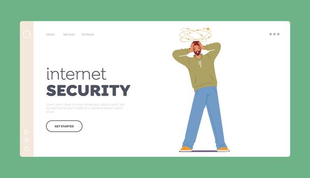 Internet Security Landing Page Template. Male Character Stand with Dizzy Head. Man Feel Bad, Migraine, Person Overload vector