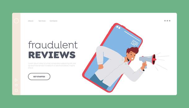 Fraudulent Reviews Landing Page Template. Business Man Shout to Megaphone or Loudspeaker from Smartphone Screen vector