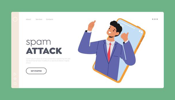 Spam Attack Landing Page Template. Business Man Character Showing Thumb Up on Smartphone Screen vector