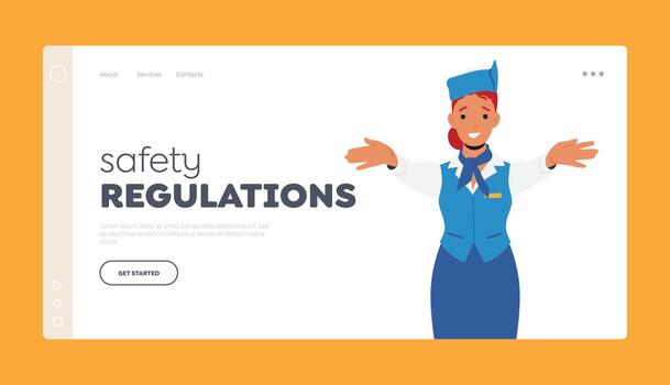 Safety Regulations Landing Page Template. Stewardess Air Hostess in Uniform and Cap Explain Information to Passengers vector