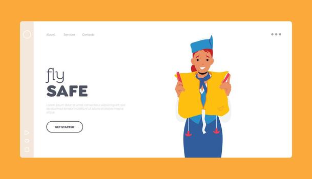 Fly Safe Landing Page Template. Stewardess Explain how to Use Life Vest in Danger Situation. Flight Attendant vector