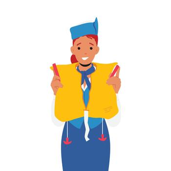 Stewardess Explain how to Use Life Vest in Danger. Flight Attendant Profession, Air Hostess Girl in Blue Uniform vector