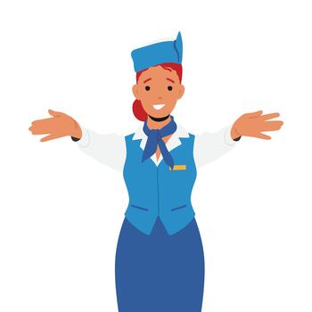 Stewardess Flight Attendant Air Hostess in Blue Uniform and Cap Explain Information to Passengers, Airplane Staff vector