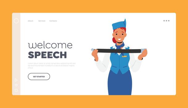Stewardess Welcome Speech Landing Page Template. Flight Attendant Ask Passengers to Fasten the Belt. Air Hostess Girl vector