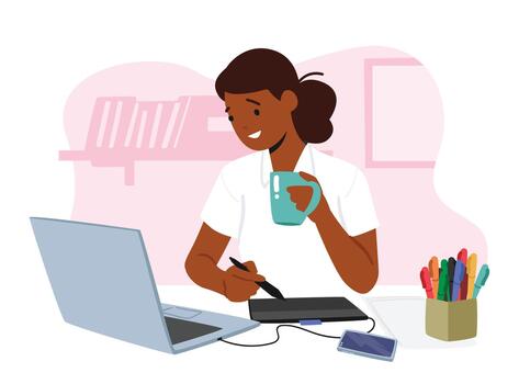 Young Female Character Graphic Designer Seated At Desk Using Computer Making Sketch On Tablet At Workplace vector