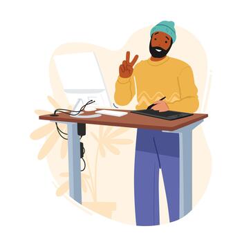 gráfico diseñador masculino personaje dibujo con aguja en tableta en pie a escritorio con computadora, creativo hombre trabajo vector