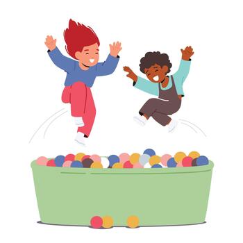 Happy Joyful Children Playing And Jumping In Pool With Colorful Balls, Excited Kid Characters Having Fun On Party vector