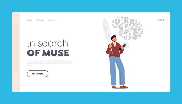 poeta en buscar de musa aterrizaje página modelo. masculino personaje participación enorme pluma bolígrafo y cuaderno crear poema vector