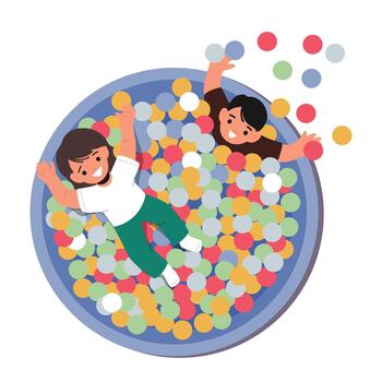 Children Playing, Smiling And Having Fun In Pool With Bright Colorful Balls In Playroom. Little Kids Characters Games vector