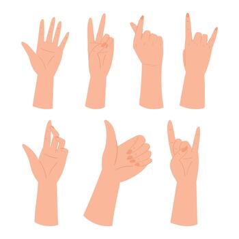 Set Of Hand Different Gestures, Open Palm, Victory, Finger Heart Symbol, Thumb Up or Rock. Arm Signaling, Convey Message vector