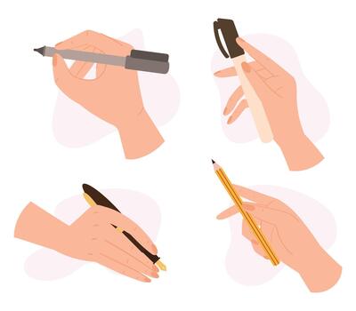 Set Of Hands Manipulating With Writing Such As Tools Pen, Pencil, Marker And Quill Pen In Different Ways vector