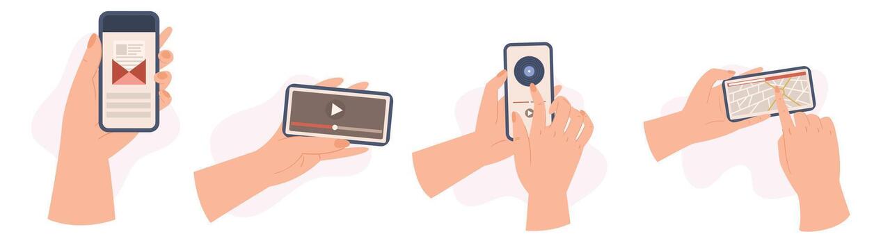 Set Of Hands Holding Mobile Phones Isolated On White Background. Human Palms With Smartphone Push Button vector