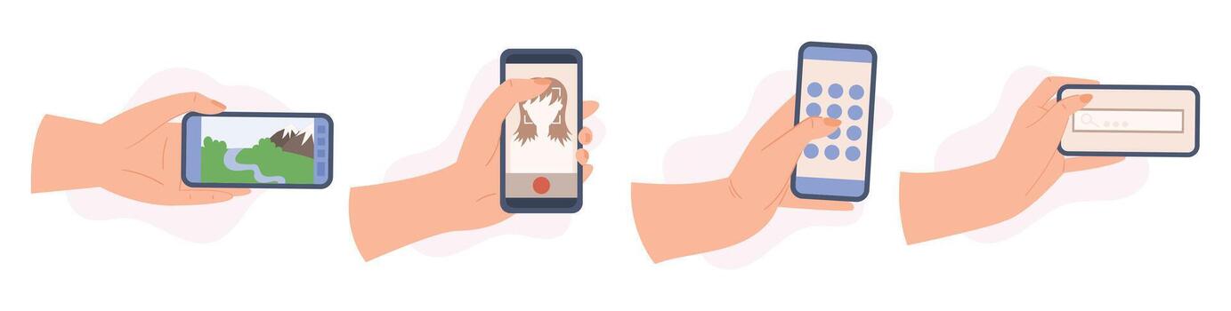 Set Of Hands Holding Mobile Phones, Fingers Touching, Tapping, Scrolling, Playing Games On Smartphone Screens vector