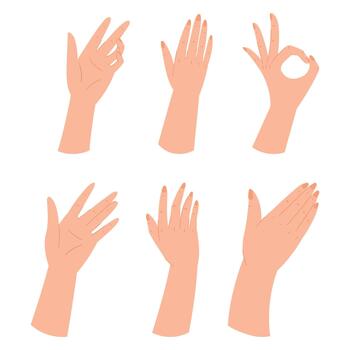 Set Of Hands Making Different Gestures, Arm Showing Ok Sign, Open Palm Waving, Signaling Something To The Viewer vector