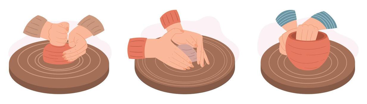 Craftsman Working On Pottery Wheel To Create Handcrafted Pot. Close-up View Of Potter Molding Clay Creating Jug vector