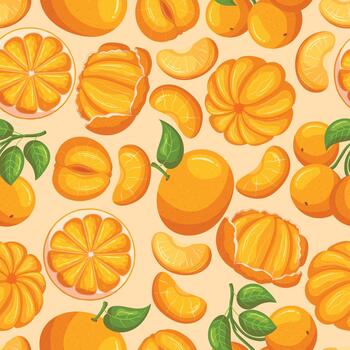 Seamless Pattern Features Bright Orange Mandarins Arranged In Repeated, Interlocking Ornament, Playful Tiled Background vector