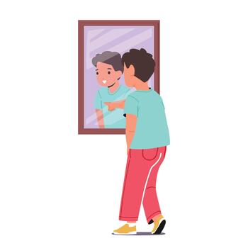 joven mirando dentro un espejo reflexivo superficie, observando su apariencia, mostrando expresión de maravilla, incredulidad vector