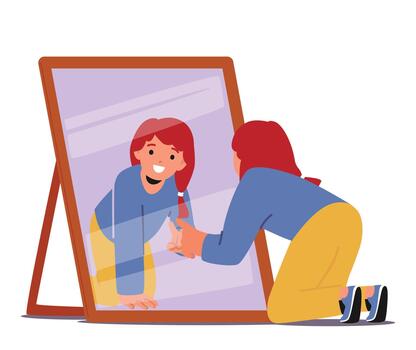 Little Girl Scrutinizing A Mirror, Examining Reflection Located In Front Mirror Standing on Floor Illustration vector