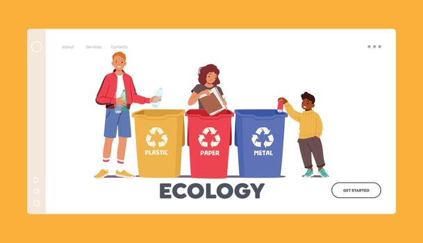 Ecology Landing Page Template. Children Taking Part In Recycling Process Sorting Waste into Litter Bins vector