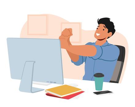 Male Character Exercise In Office Workplace Sitting front of Computer Desktop. Concept of Healthy Habits At Work vector