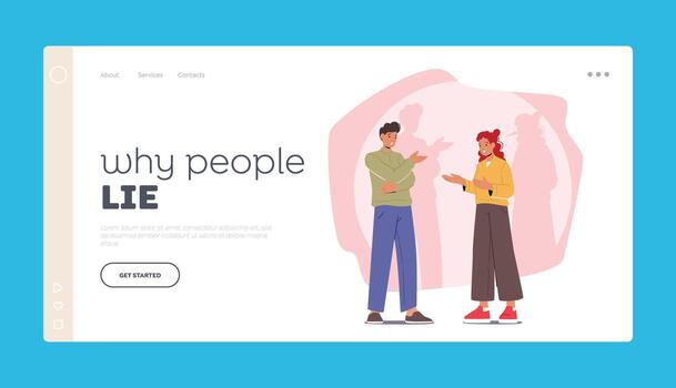 Why People Lie Landing Page Template. Male and Female Characters Communicating With One Of Them Being A Liar vector