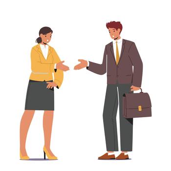 Man And Woman Characters Shaking Hands Engaging In Conversation, Chatting As Colleagues, Building Connection vector