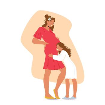 Young Daughter Character Tenderly Holds Her Expectant Mother's Belly With Look Of Joy And Affection On Face vector