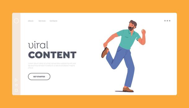 Viral Content Landing Page Template. Frightened Male Character With Scared Expression Sprinting Away In Fear vector