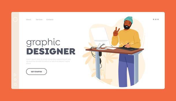 Graphic Designer Landing Page Template. Male Character Drawing with Stylus on Tablet Standing at Desk with Computer vector