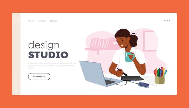 Design Studio Landing Page Template. Young Female Character Graphic Designer Seated At Desk Using Computer Making Sketch vector