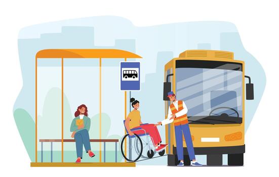 Female Character on Wheelchair Use Ramp To Access Bus. Accessibility And Inclusivity And Concept for Public Transport vector