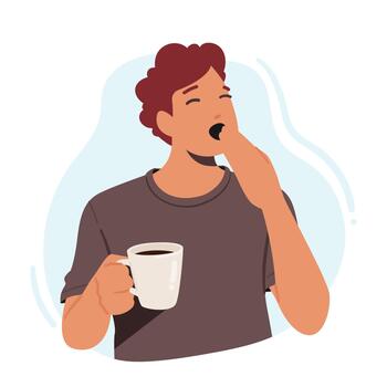 Tired Yawning Coffee Drinker Male Character With Hot Drink Cup With Source Of Energy And Refreshment vector