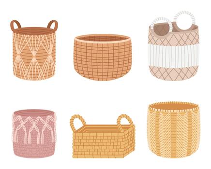 Set Of Wicker Baskets, With Varying Sizes And Shapes Made From Natural Materials. Rustic Hampers for Food, Flowers vector
