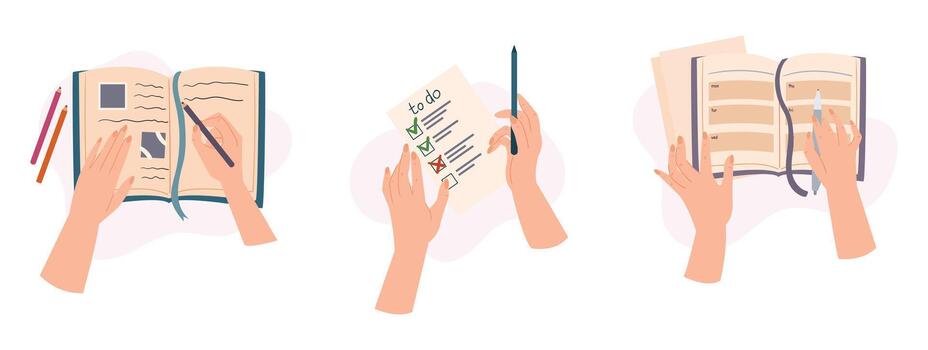 Top View Image Of Hands Holding Pen And Making Notes or To-do List On Paper Notebook or Diary, Illustration, Icons vector